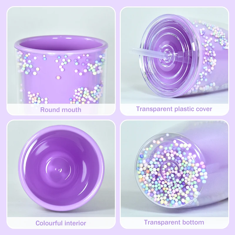 AGH New Arrival 24oz Double Wall Plastic Tumbler Acrylic Plastic Cup Colored Ball Filling Cup with Straw and Lid