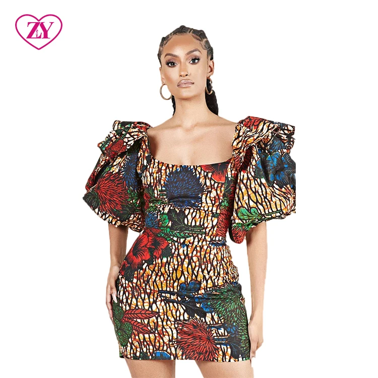 African Women Clothing Mini Styles Designs Large Puffy Sleeves African Print Casual Dress