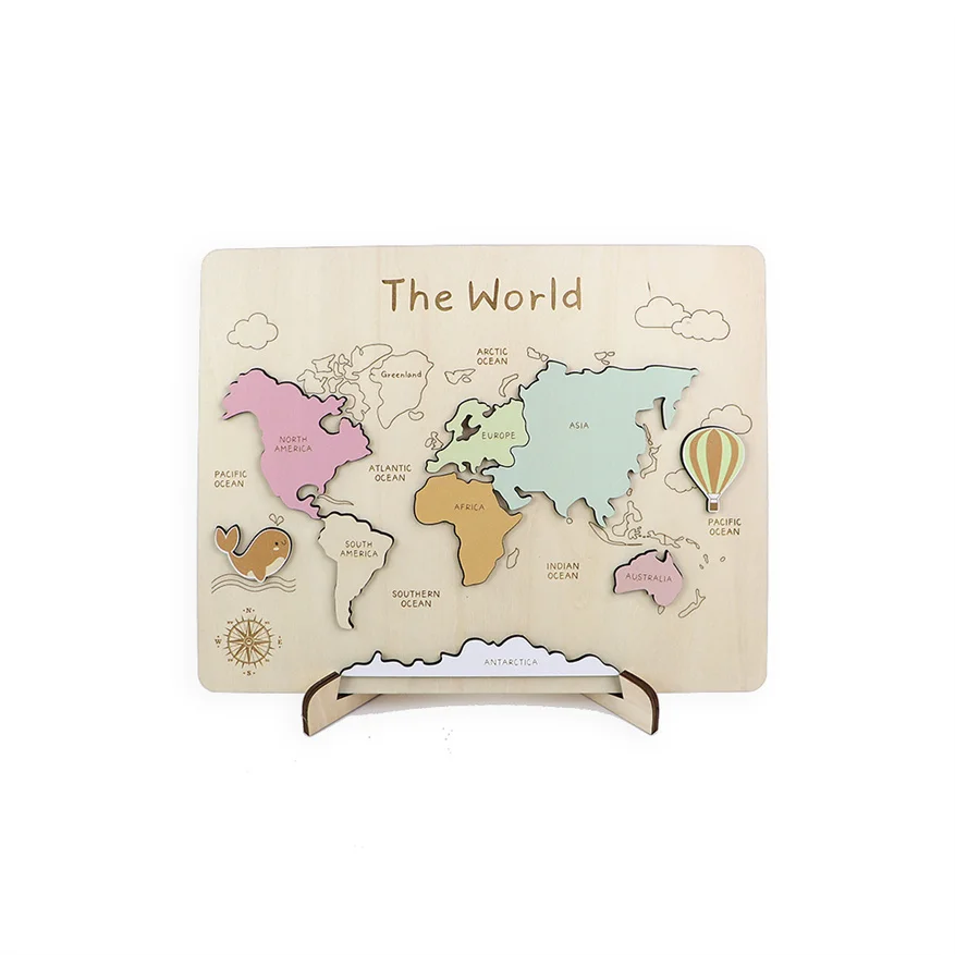 Best Selling Wooden Colorful World Map Puzzle Toy Wooden Desktop Craft Gift for Kids