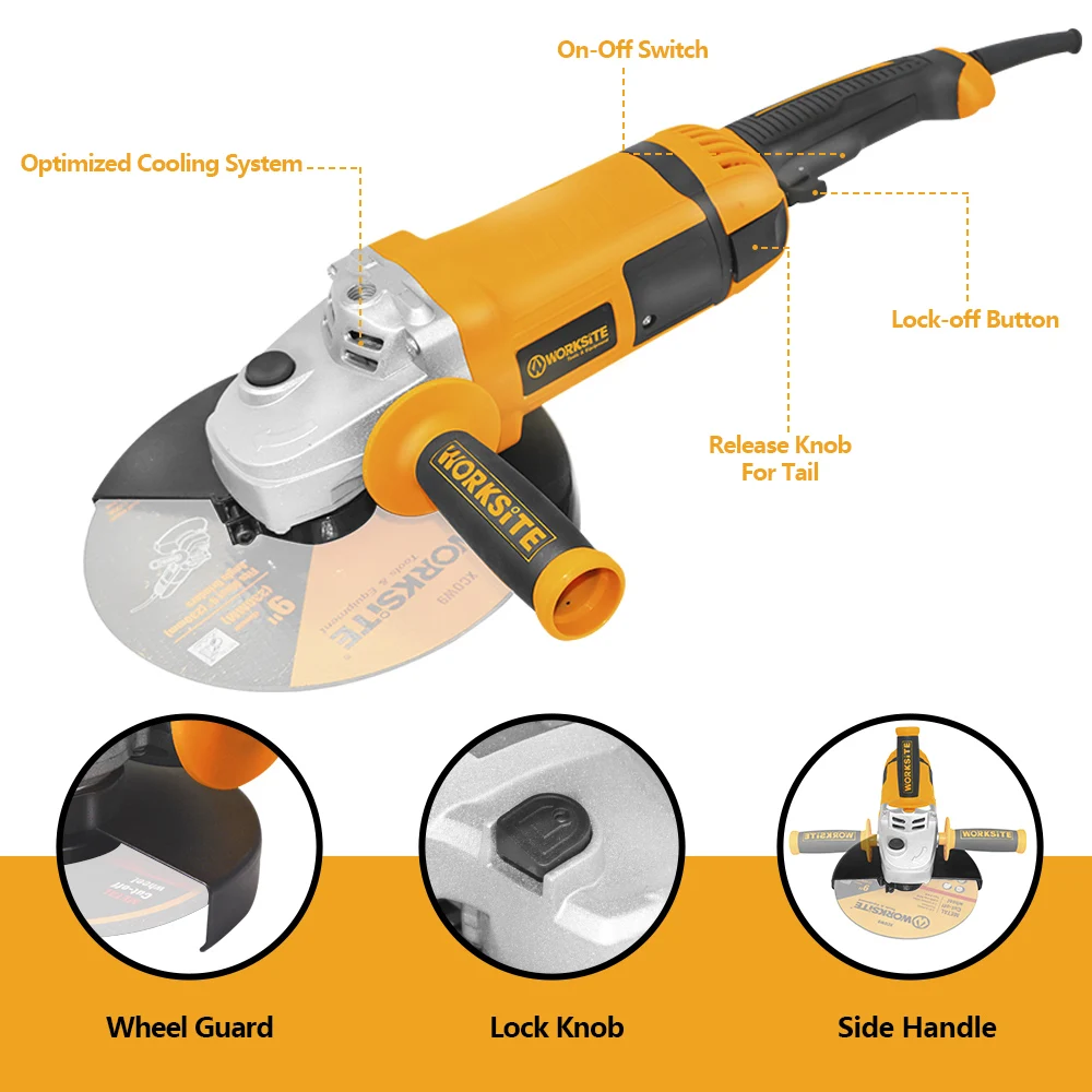 WORKSITE Customized Heavy Duty Angle Grinders 230mm Metal Cutting Disc Variable Professional Angle Grinder 9inch Electric 2000W