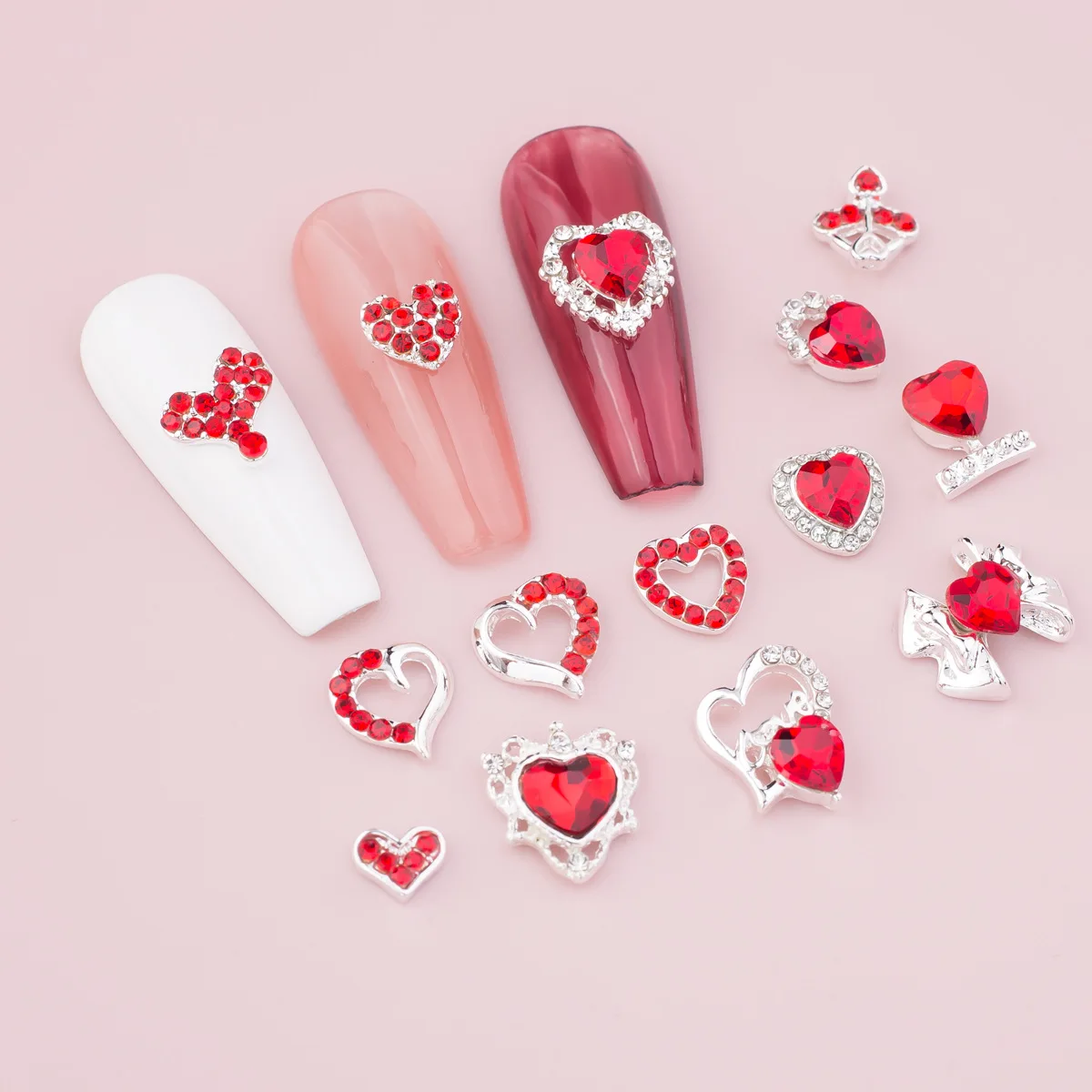TSZS Best Sale 3D New Heart Love Shape Red DIY Diamond Rhinestone Valentines Nail Charms Silver Metal Red Heart Nail Charms