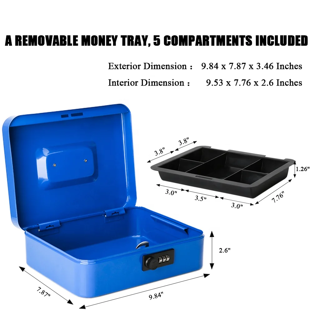Blue color Large Cash Box with code Lock portable Money Box with Removable Coin Tray