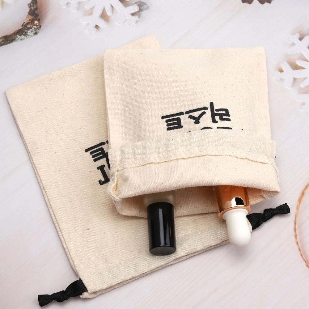 Eco-Friendly Small White Cotton Canvas Jewelry Pouch Custom Logo Printing Comb Perfume Cosmetic Packing Gift Cotton Dust Bag