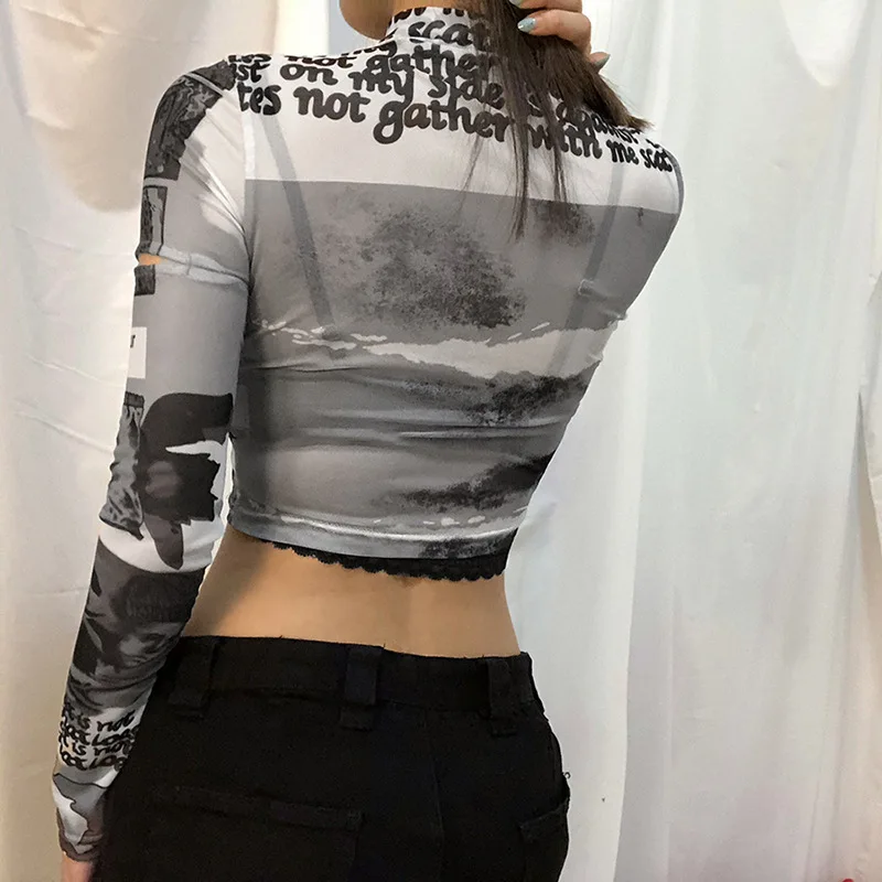  T1738220 Casual Pullover Chic Letter Graphic Half High Neck Hollow Crop Top See Through Harajuku Street Y2k T-Shirt Women