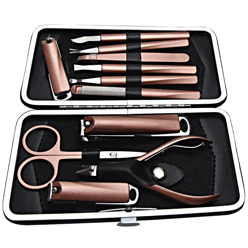 Melason Wholesale Hot Sale 11Pcs Stainless Steel Omuda Nail Care Clipper Tool Box Manicure Kit Scissors Pedicure Set