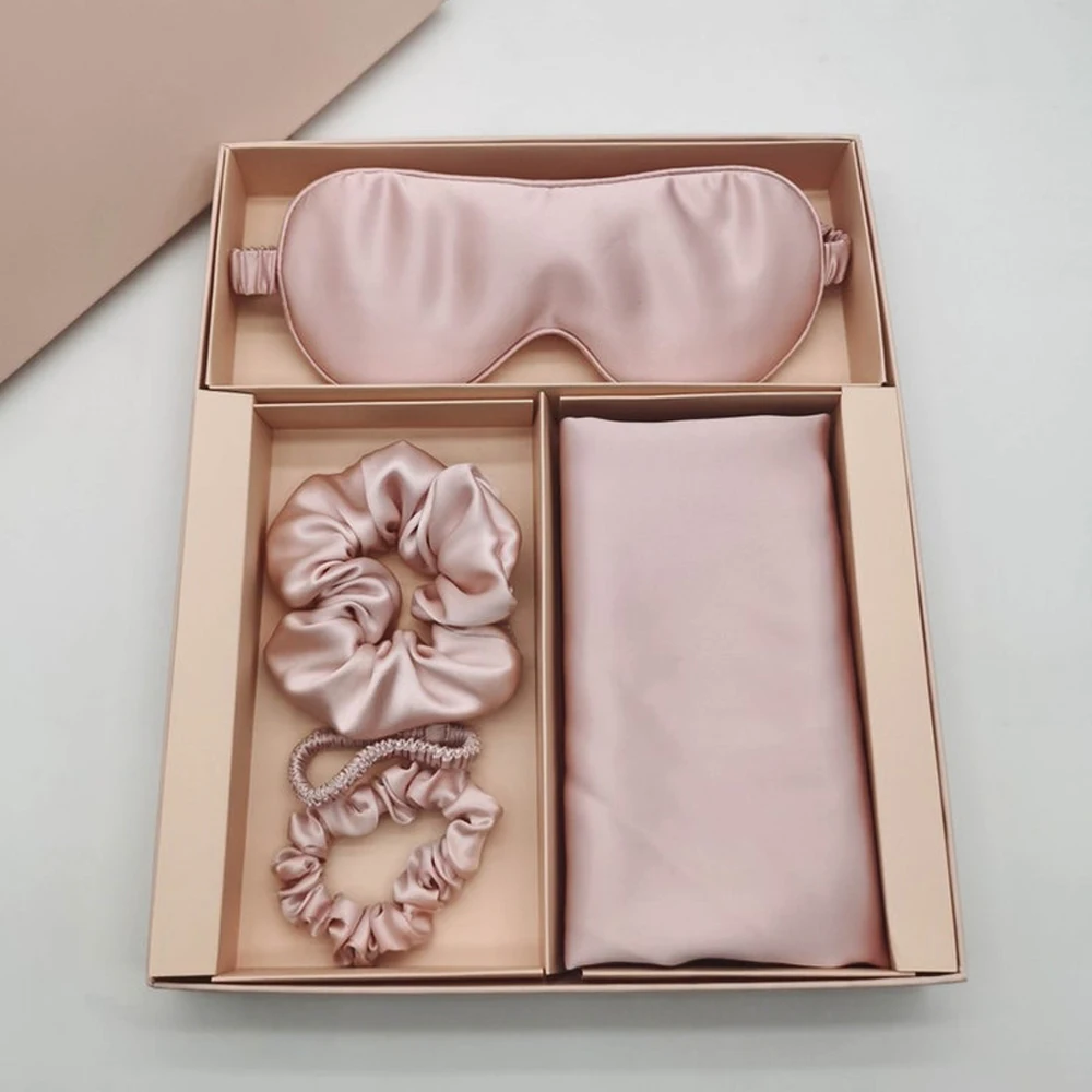 OEKO Tex-100 manufacture custom luxury 4 gift set of silk pillow case eye mask headband and slippers pure silk travel set