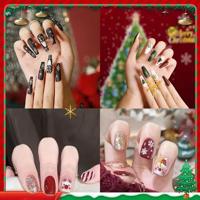 Wholesale Christmas Tree Designs Full Cover Acrylic Artificial Nails Medium Square Press-on Fake Nails Almond Coffin ABS Long
