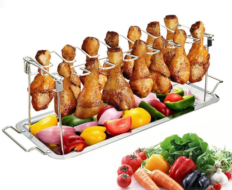 Stainless Steel Barbecue Multi-Purpose Drumsticks Smoker Roaster Stand with Drip Pan BBQ Chicken Leg Wing Grill Rack Slots