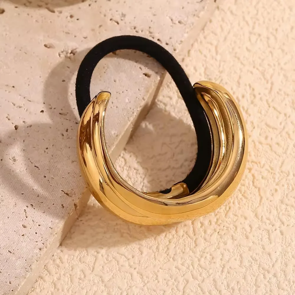 2024 New Design Luxury Metal Cuffs Rubber Elastic Hair Bands Double Layer Stainless Steel Metal Hair Accessories For Women