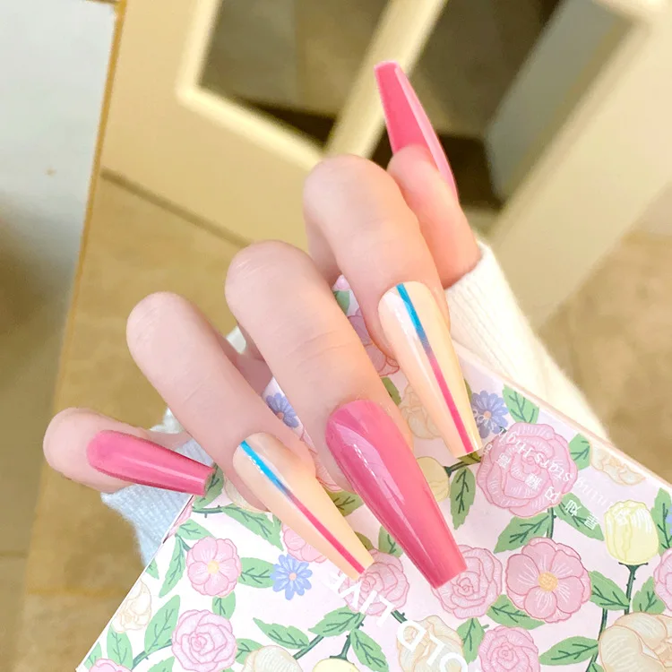 Private logo 24pcs/box New arrival long coffin press on nails waterproof fake nails with jelly glue 3D fake nails