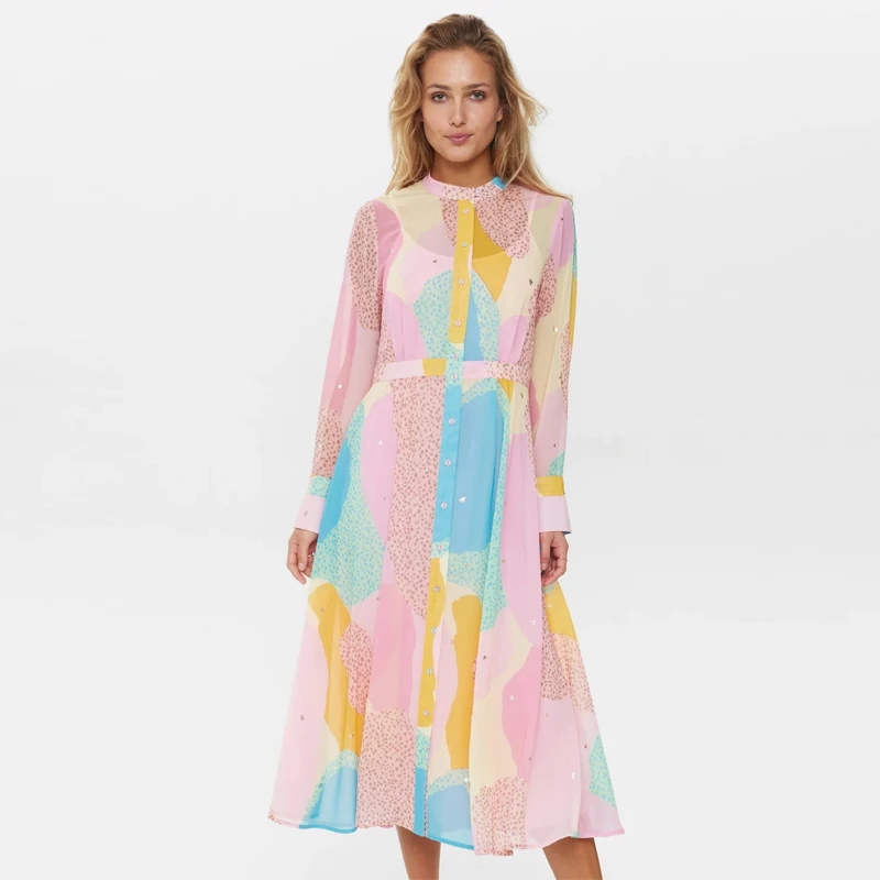 Cheap custom printed new leopardd printed fashion button up a-line long sleeve chiffon shirt elegant summer casual dresses