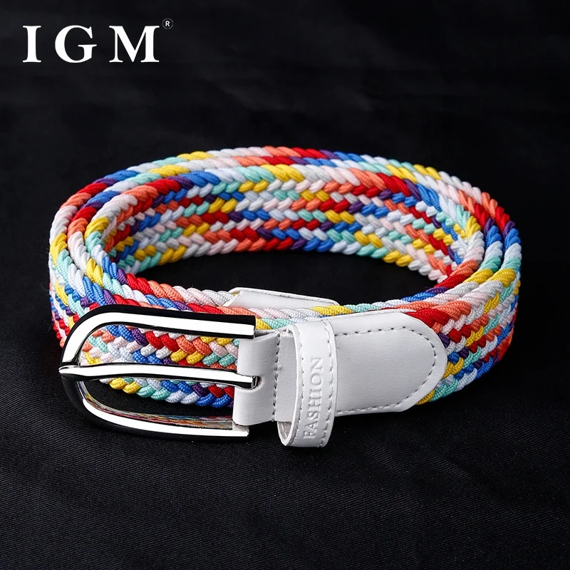 30mm Custom Women Casual Fashion Stretch Fabric Woven Colorful Rainbow Braided Elastic Belt