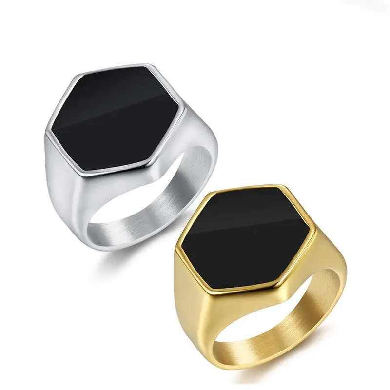 Simple hexagonal rings size 7-13 big size men ring black smooth punk high quality hip hop  stainless steel unfade drip ring