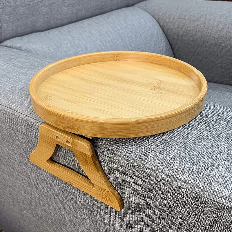 Sample Available Wholesale New Design Bamboo Clip On Sofa Armrest Tray Table Round Sofa Arm Tray Folding Bamboo Couch Tray
