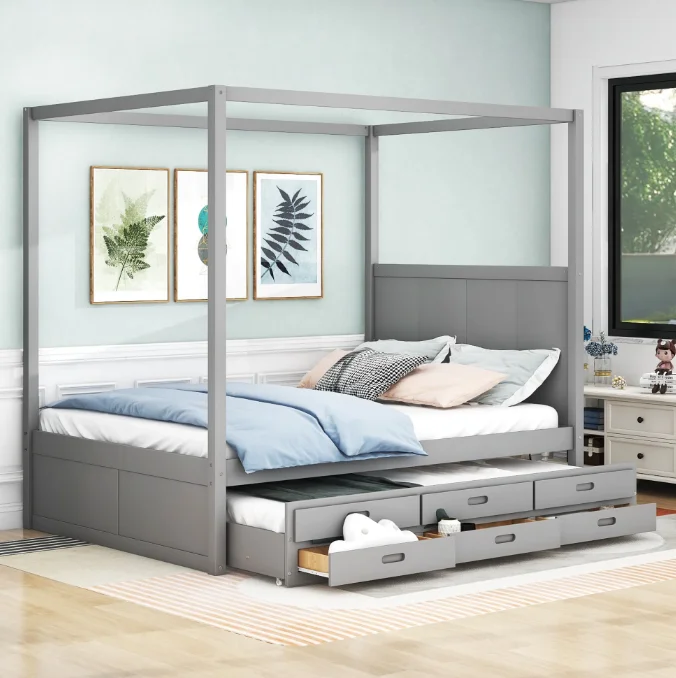 Кровать на платформе размера «Queen-Size» с выдвижной кроватью и выдвижными ящиками каркас кровати из массива дерева 3 для хранения