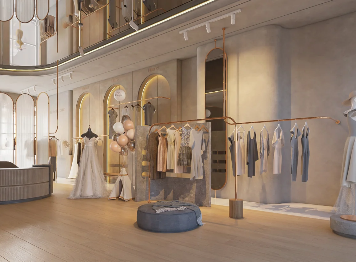 High End clothing interior display accessories design rose gold stainless steel shelves delicate clothing display rack