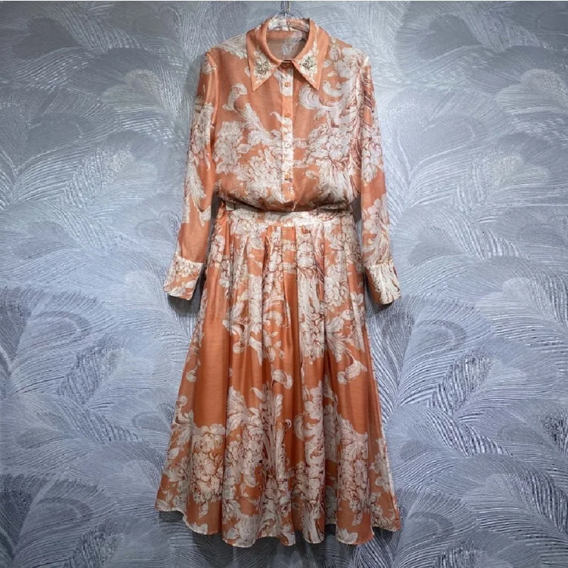 Two Piece Sets 2024 Autumn Fashion Skirt Suit High Quality Clothes Lady Beading Deco Vintage Print Long Sleeve Shirt+Skirt Sets