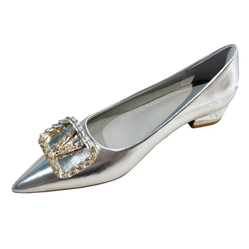 French temperament silver single female low heels 2024 new fashion rhindiamond-shallow mouth thick heel pointed flat shoes 3cm