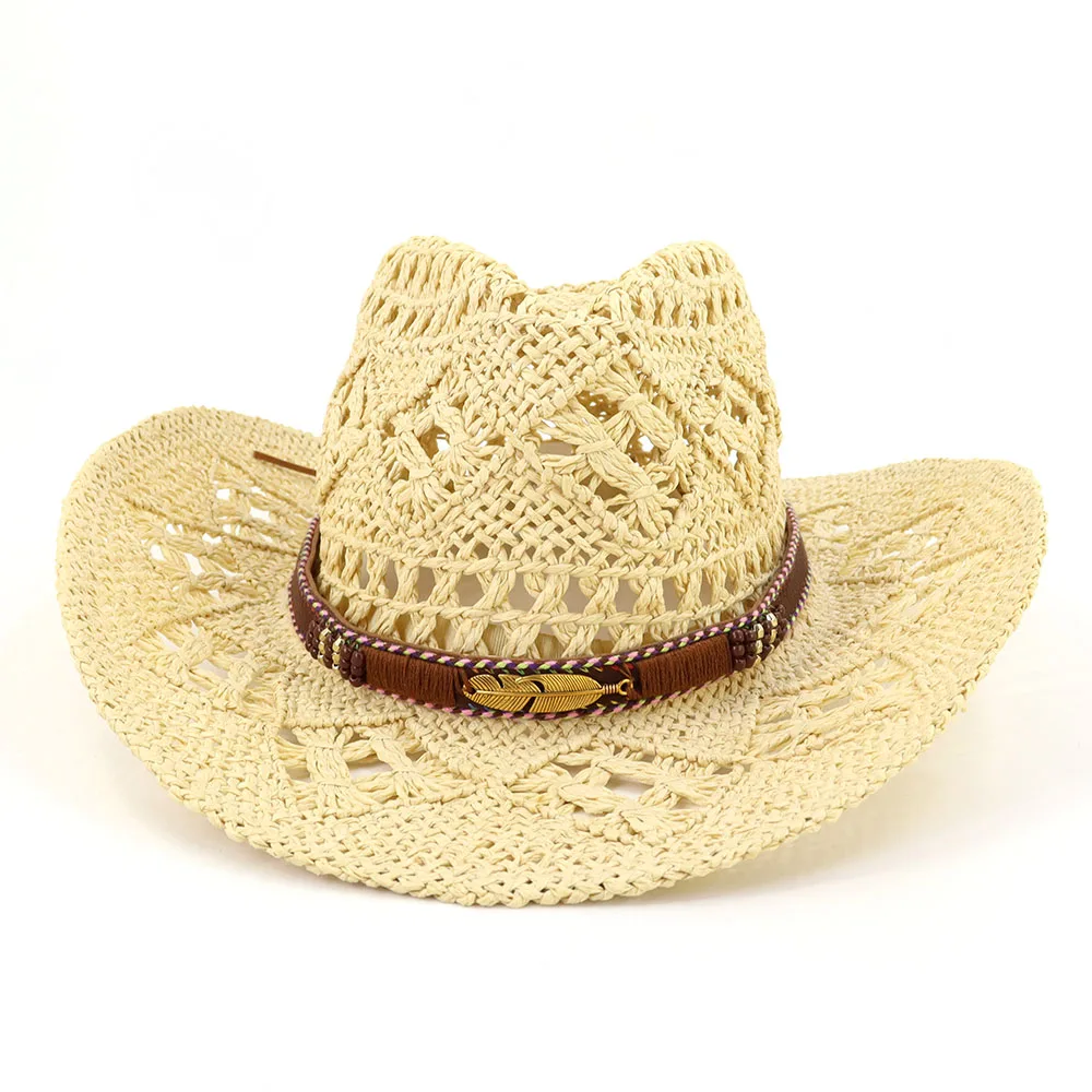 High Quality Custom Hollow Straw Cowboy Western Hat With Feather LOGO Straw Beach Hat Summer Sun Panama Hat Women
