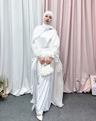 Xuerry Summer puff sleeve  Eid Muslim women hijab dress prayer garment Satin Abaya long Khimar Ramadan gown Islamic clothing