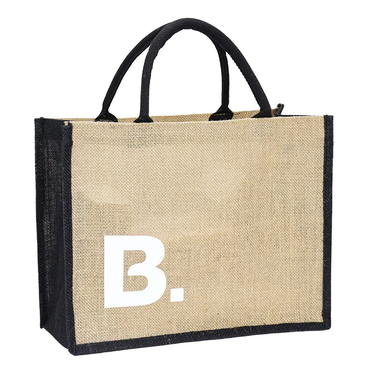 Quality Custom Design Recycle Jute Straw Bag Eco Tote Jute Bag For Coffee Black Jute Bag Joined Coloured Fabric on Sidegussets