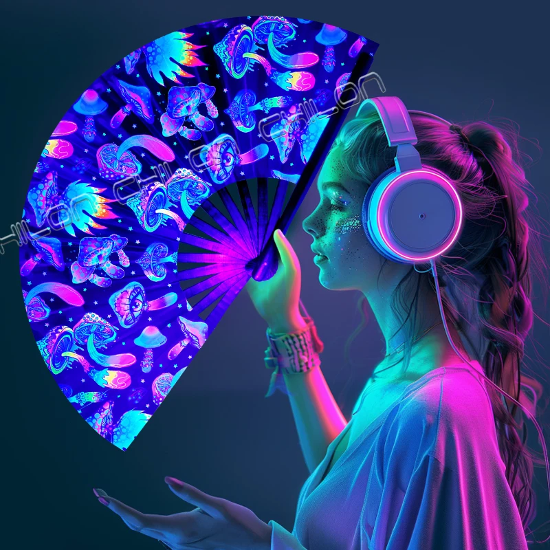 UV Festival Folding Hand Fan with Bamboo Ribs Folding Fans with Fabric Case Glow in dark