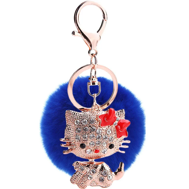 Custom Pompoms Car Key Chains Crystal Metal Hello Kitty Keychain 3D Cartoon Design Metal Key Chain Accessories