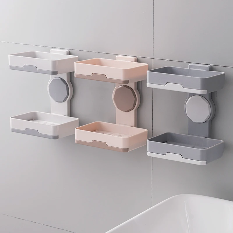 Bathroom punch free wall mounted double layer sponge drain rack dish plastic soap holder