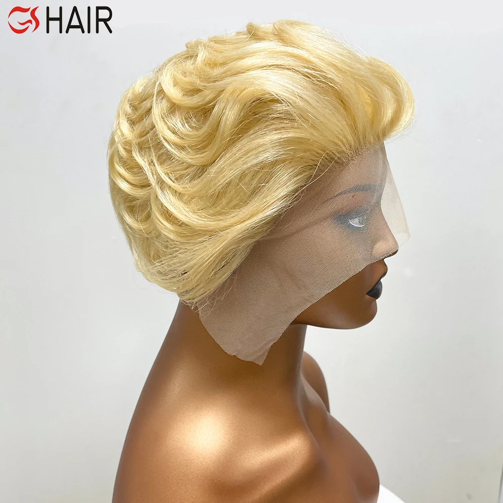 Wholesale highlight short cut machine made pixie bob human hair wig,blonde bob 613 lace front wig,frontal bob closure wig