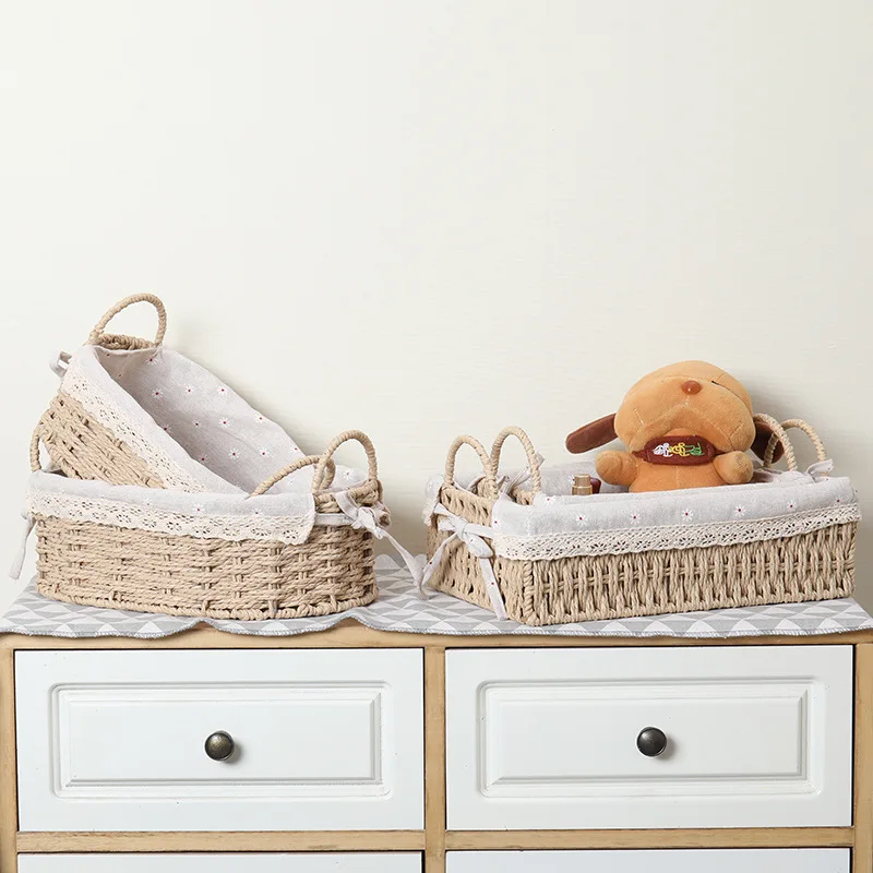 Tabletop Handmade Paper Rope Storage Basket Woven Makeup Basket Kids Toy Storage Organizer Basket