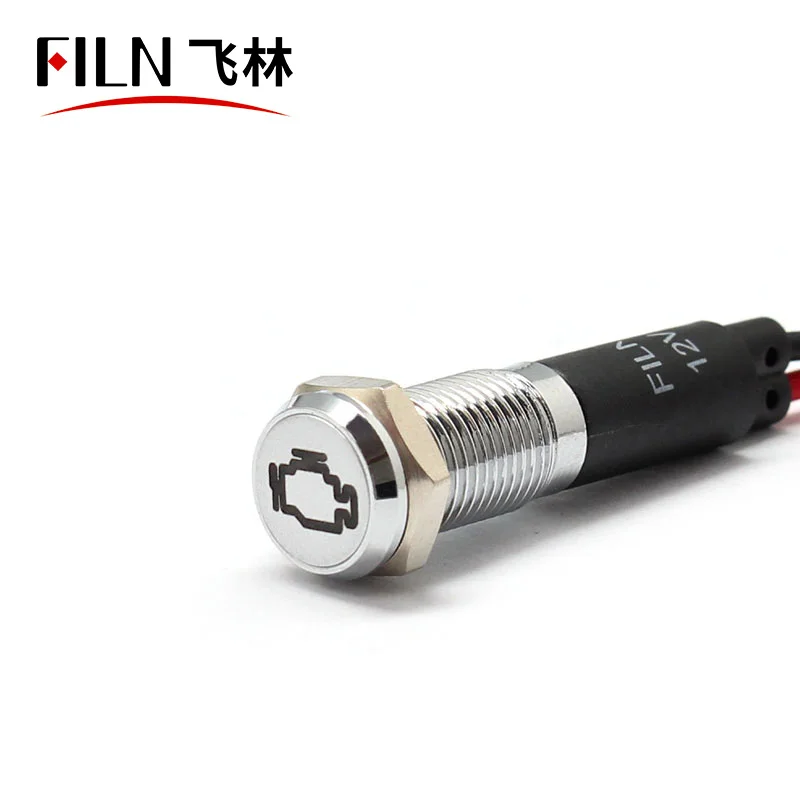 FILN 8mm Warning Dash board red yellow white blue green 12v led flat head indicator light with 20cm cable with symbol