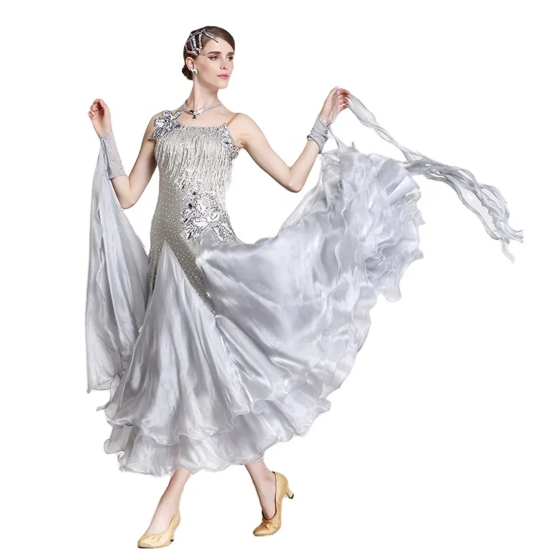 B-15110 High Quality Rhinestones Ballroom Dance Dress Adult Lyrical Gray Modern Dance Costume Dress For Competition