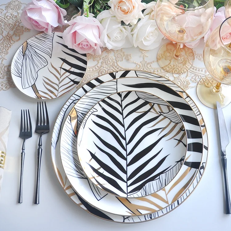 Custom Logo 8-Inch Gold Leaf Rim Fine Bone China Dinnerware Set Plant Pattern Dinner and Soup Plates for Weddings Renting