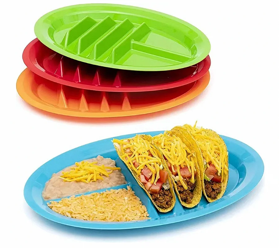 Plastic Taco Plate with Dividers, , Colorful  Taco Holder Fiesta Trays with 2 Stand up Taco Holder and 4 Compartments