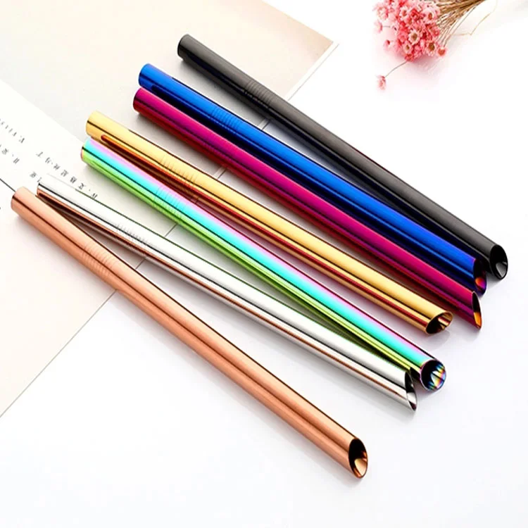 18/8 Stainless Steel 304 Reusable Straws Angled Tip Bubble Tea Straw With Oblique Incisions 12mm