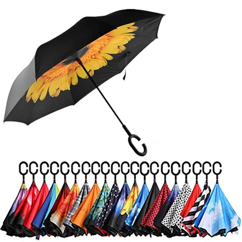 Umbrellas Folding Long Shank Double Layer Inverted Umbrella Windproof Reverse C Hook Car Outdoor Golf Umbrellas