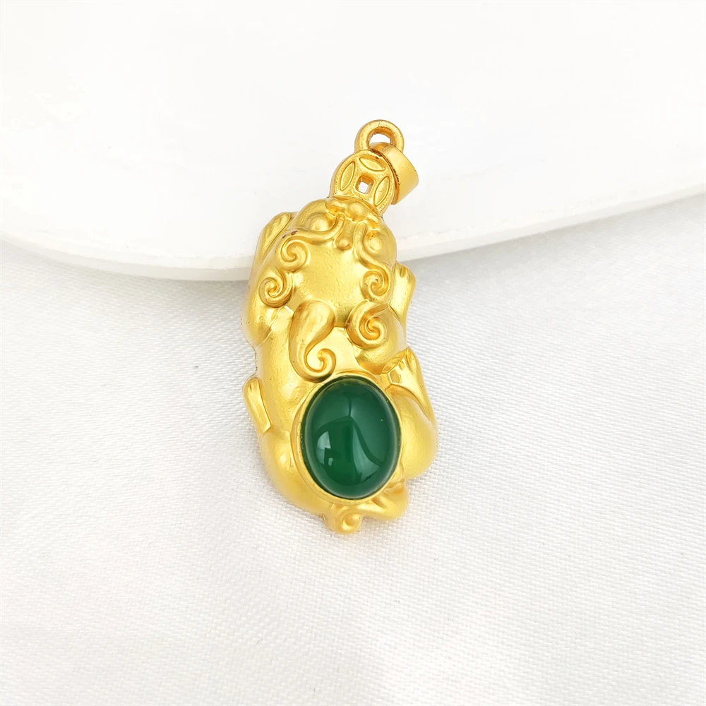 Natural Stone Buddha Charm Fan Shape Gold Plated Gemstone Chrysoprase Pendant Fish Pixiu Dragon with Green Chalcedony Pendants