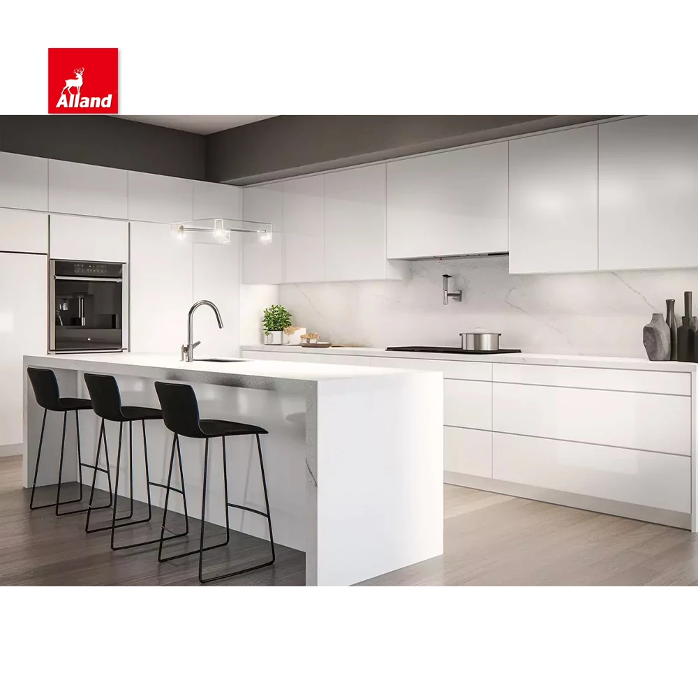 AllandCabinet Good Price Modern Style White High Gloss MDF Plywood Kitchen Cabinet with a Waterfall Quartz Countertop Island