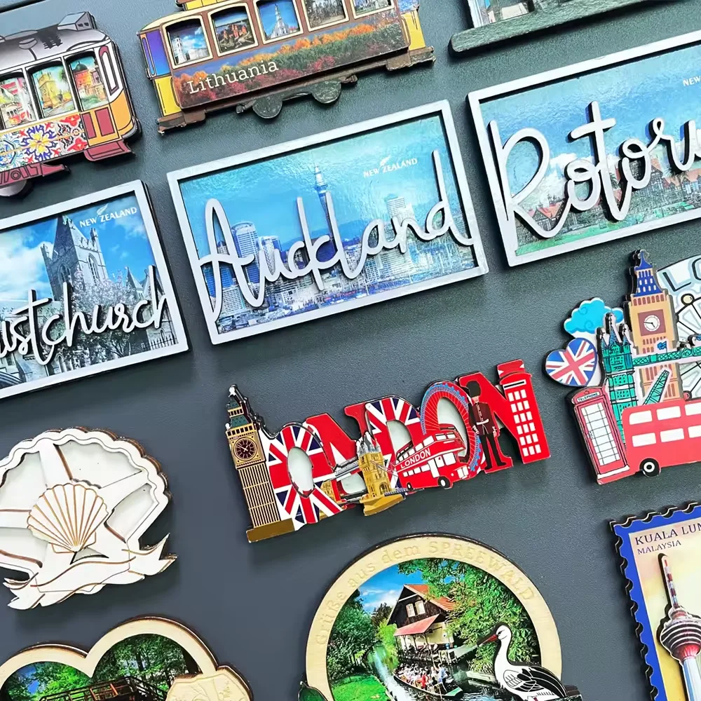 Custom Country Landscape Poland Souvenir Laser Engraved Double Layer 3d Epoxy Coated Wooden Fridge Magnet
