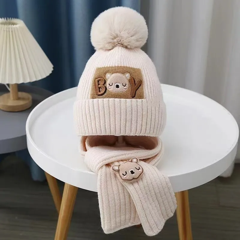 wholesale Winter Warm Little Bear kids baby Acrylic Knitted Jacquard Hat Scarf set With Fur Pom Pom For Children