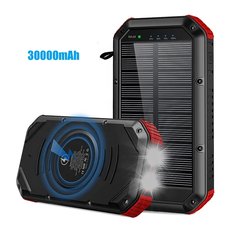 New 30000mah Solar Power Bank Waterproof Battery Charger 10W Wireless Power Bank with Solar Panel