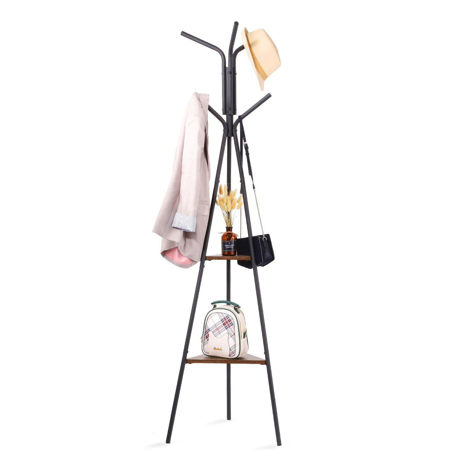  Entryway Coat Rack Stand Metal Tree with 2 Shelves Premium Holder for Clothes Hat Bag Purse Umbrella
