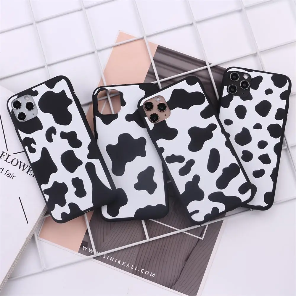 Cow Milk Black border Silicone For iPhone 12 13 14 Pro Max  Soft Silicone Candy Case Fundas