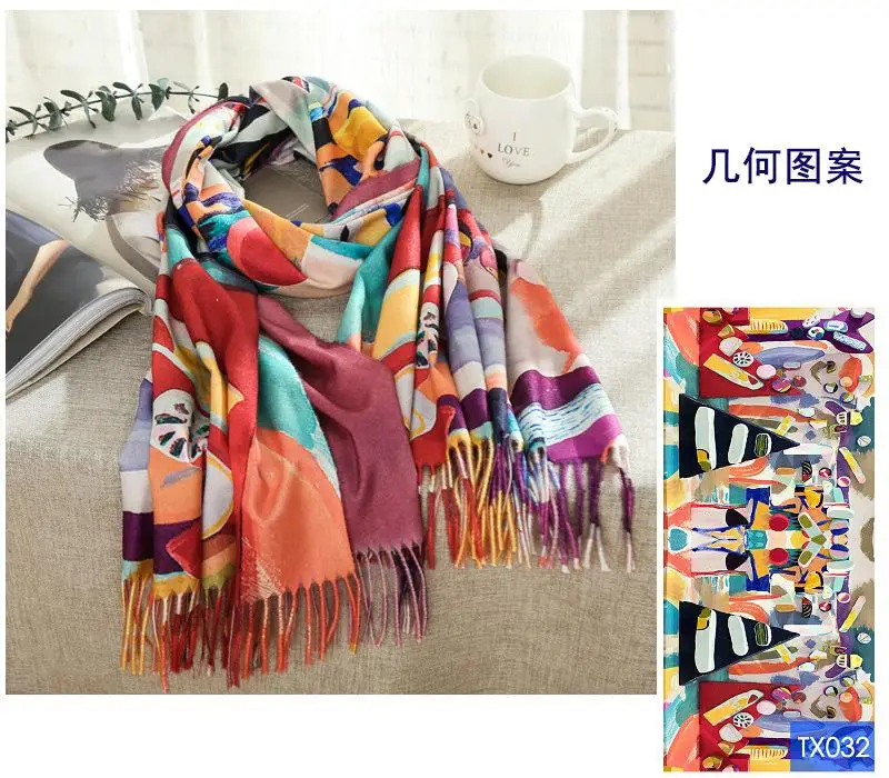 silk like print scarf customized famous painting large size shawl for women spring