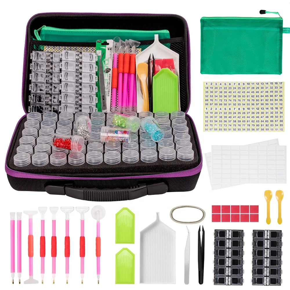 142pcs 5D Diamond Painting Tools Set 60 Slots Diamond Embroidery Box Diamond Painting Storage Case with Grids Jars Containers