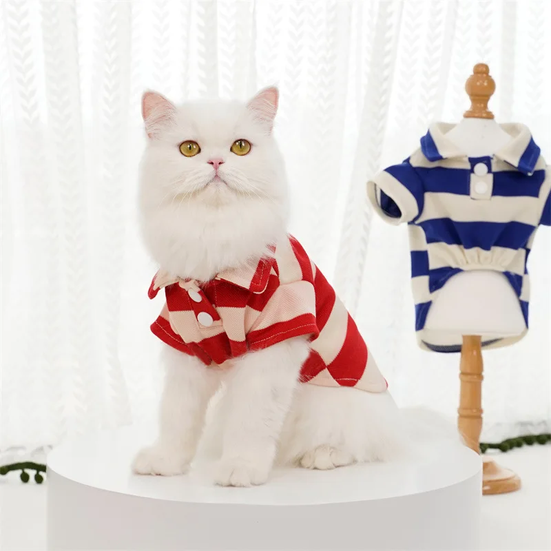 2024 Hot Sale  polo shirt blue&white striped costume for cat dog hoodie sweatshirt spring polyester pet clothing custom logo