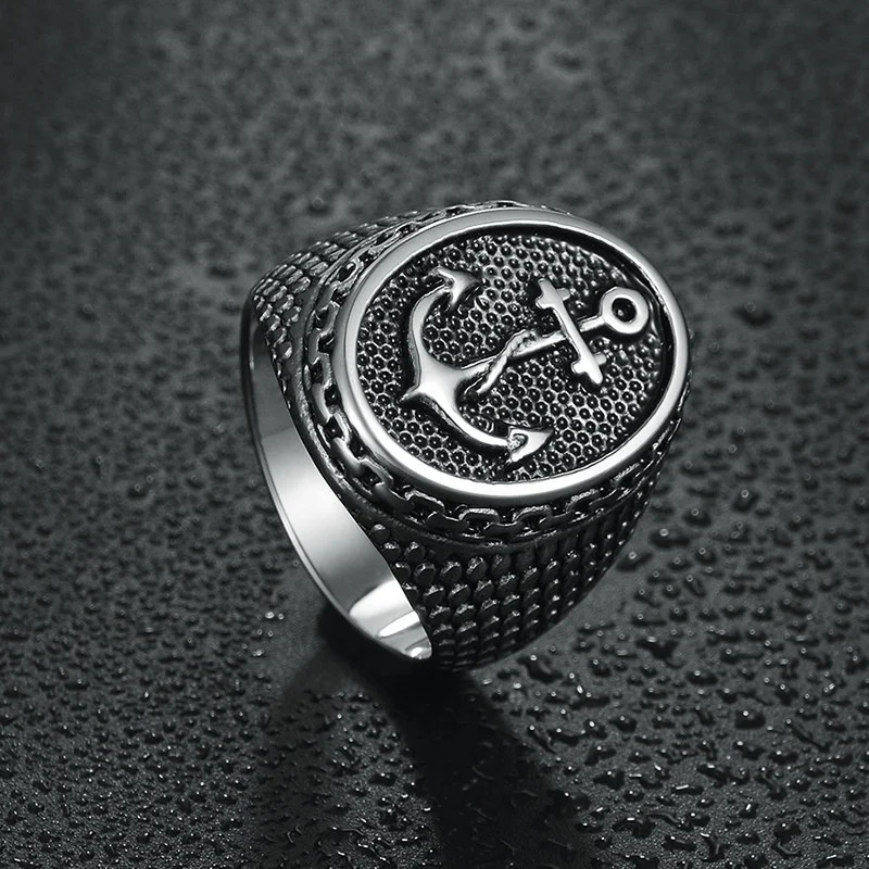
Jiushang retro navy boat anchor style alloy copper titanium steel hip hop fashion vintage punk jewelry mens ring 