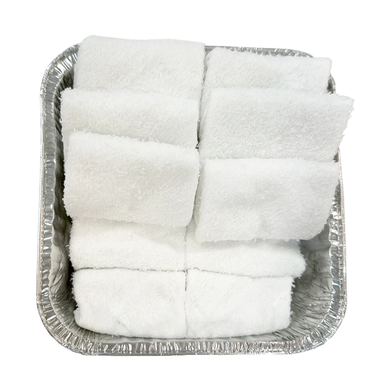 OEM ODM Qatar Cotton Disposable Airlines Hot Refreshing Mini Towels Sachet Hand Wipes in Aluminium Tray Manufacturer