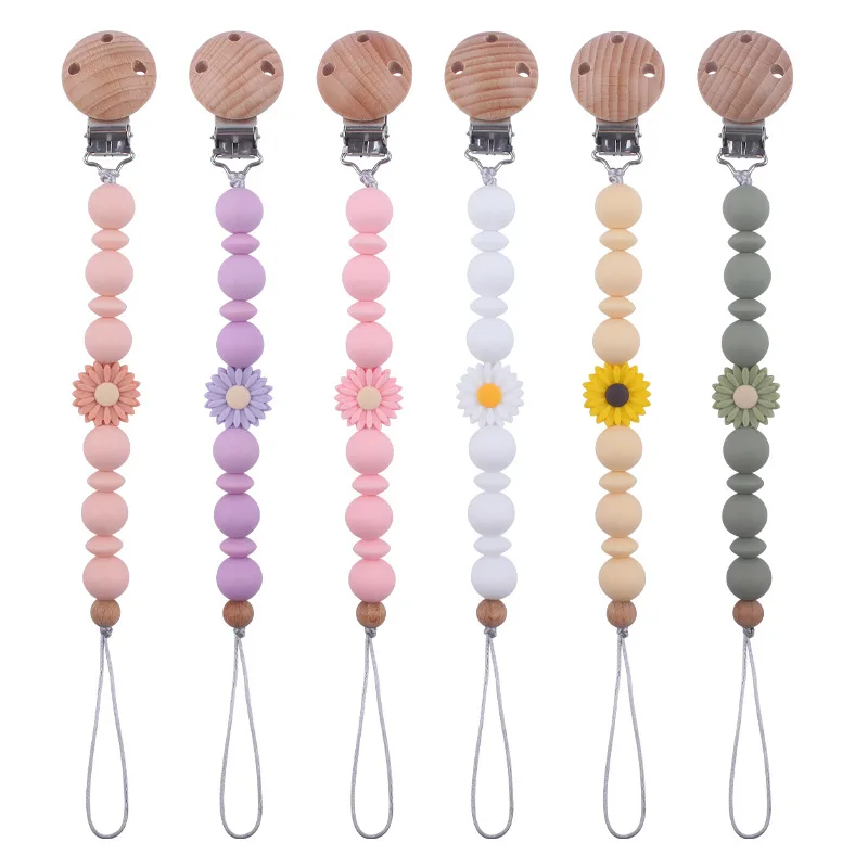 New Natural Food Grade Silicone Beads Cute Small Daisy bead Pacifier Clips Pacifier Holder Chain