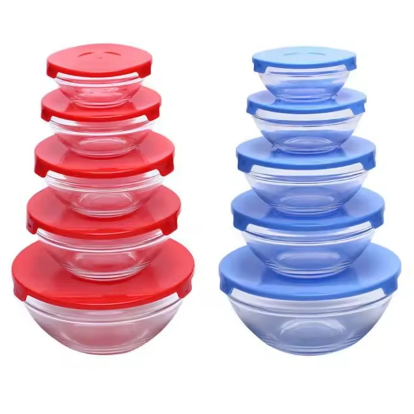 Wholesale 5pcs Glass Mixing Fresh Bowl Set Round Glass Fruit Salad Food Containers Serving Bowl With Plastic Lid